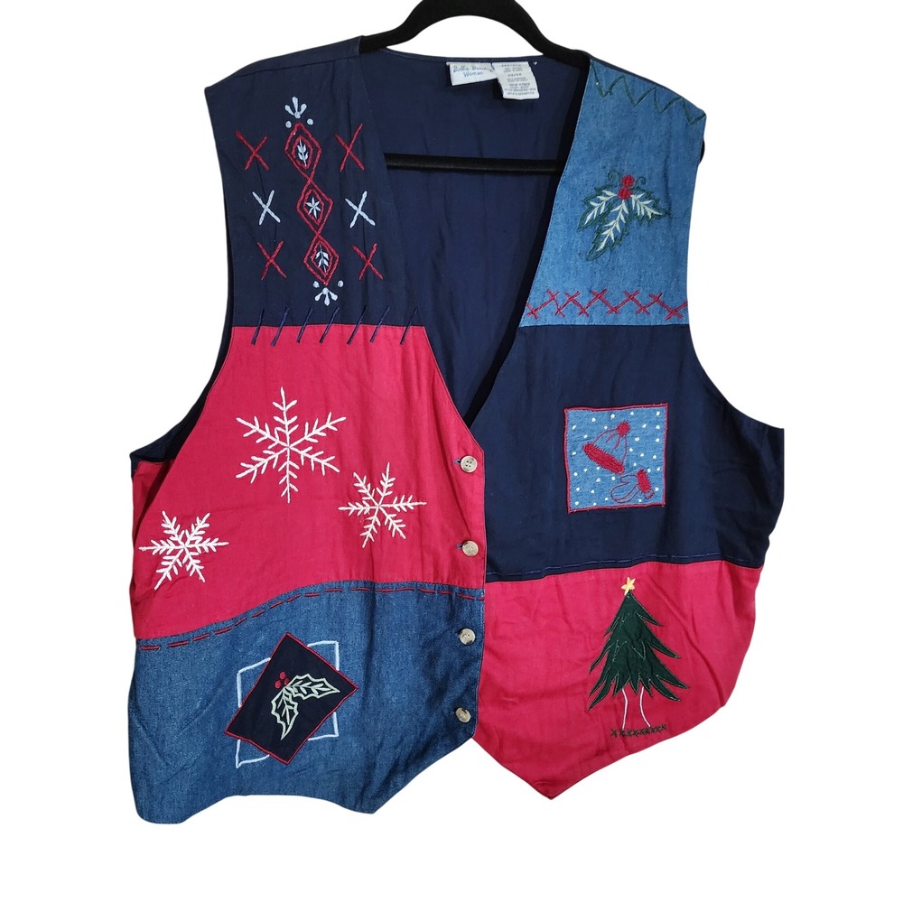 VTG Bobbie Brooks Woman Christmas Vest 22W Patchwork Embroidered Holiday